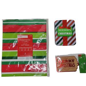 4ct Striped Christmas Gift bags 1 Tin Gift Card Holder W/ 10 Ct. Gift Tags
